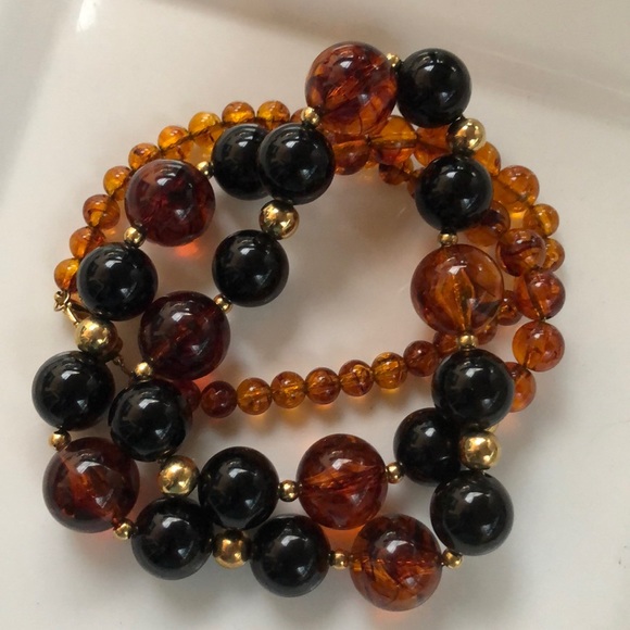 🧡Vintage Faux Jet & Amber Graduated Round Beads long Statement Necklace - Picture 1 of 7